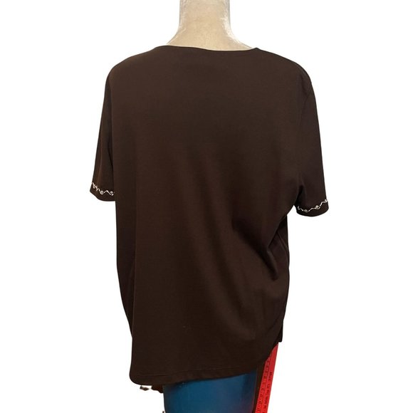 Alfred Dunner Shirt Womens Large Brown Sequin Embellished Crewneck Top Short Sle - Picture 9 of 9